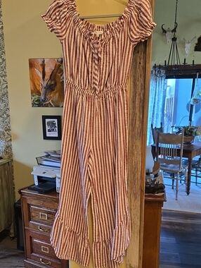 Moon River Rust & Cream Striped Off-Shoulder Jumpsuit